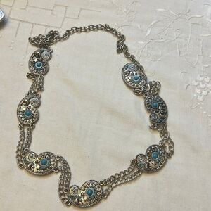 Vintage silver tone Chain belt with turquoise accents